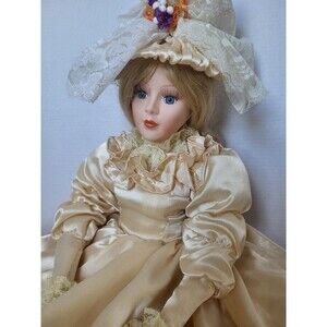 Vintage 22' Porcelain Gibson Girl Doll Blonde Blue Eyes Gold Satin Dress Limited